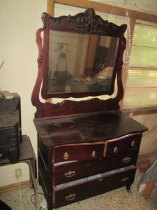 Vintage dark wood Norwegian 4-drawer dresser with high-top arched swivel framed mirror approx 42x21x78in (including mirror)