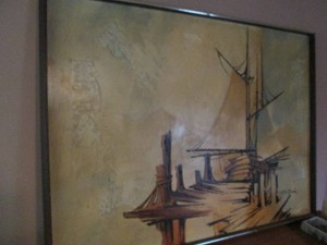 Mid-Century Abstract Industrial Nautical harbor scene painting by Eric Marshal
