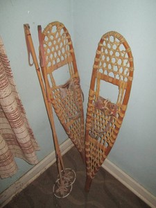 Vintage bamboo Prairie type snowshoes with poles