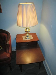(2) Vintage Wood End tables with drawer and brass tone table lamps with shade