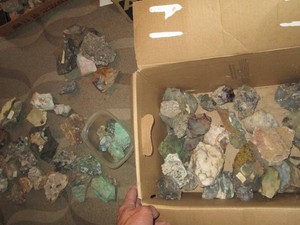 Box of assorted gem grade and other crystals, mineral rocks and stones