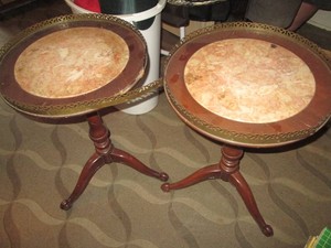 (2) Vintage round Wood End tables with marble stone inlay tops and decorative metal accent trim