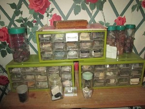 (3) Multi-drawer organizers, jars and other containers with fossils, gemstones, mixed minerals, rocks and stones
