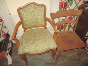 Vintage carved wood framed and upholstered armchair with wood dining chair