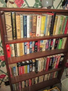 Tall Vintage wood bookshelf with all books and other content approx 32x9x52
