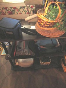 Wood bookshelf with insulated cooler bags and other content approx 35x12x30in