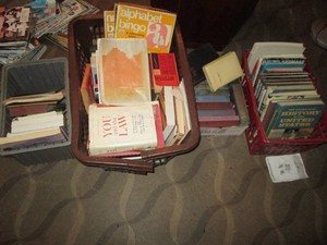 (4) containers with vintage books, novels, bingo games and misc reading materials