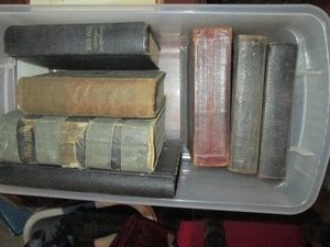 Covered shoebox tote of vintage German and English religious books