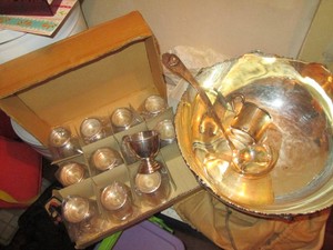 Eldan Nickel Silver Punch bowl made in Japan with 12 matching cups and serving ladle