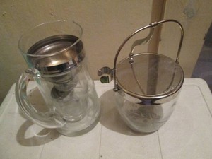 Vintage glass and metal cocktail mixing pitcher and ice bucket
