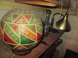 Vintage glass decanter, Decorative Middle East Camel hide orb lamp plus a wood and brass tone adjustable neck desk lamp