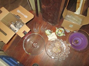 Vintage cut glassware cups, vases and servingware, Bone China cream and sugar set plus glass
