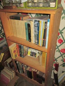 Vintage wood bookshelf plus assorted Encyclopedias, educational books and other reading materials approx 26x12x49in