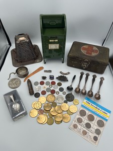Vintage Souvenir Lot including Austrailian Commonwealth Millitary Forces Badge  WW2 U.S. Army Air Forces Technical Training Command Pin  All American Mail Box Bank  Antique Camping Toaster and More
