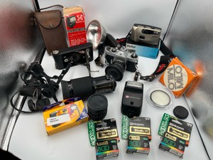 Vintage Honeywell Pentax Spotmatic F 35mm SLR Film Camera  Kodak Kodex No. 2 Folding Automatic Brownie Camera  Vivitar Series 1 70-210mm f3.5 VMC Macro Focusing Zoom Lense and More