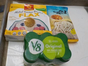 Food and 6 pack V-8 Juice