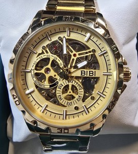 BIBI Luxury Automatic Skeleton Watch  Gold Tone  Stainless Steel Bracelet  New in Box