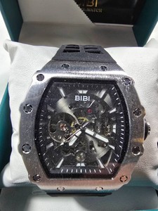 BIBI Luxury Automatic Skeleton Mens Watch  Silver Tone  Black Silicone Strap  New in Box
