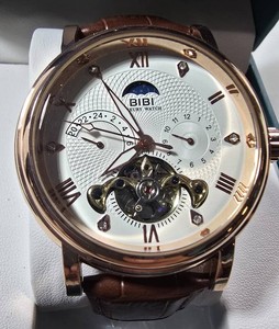 BIBI Luxury Automatic Mens Watch  Rose Gold Tone  Moonphase Dial  Genuine Leather Strap  New in Box