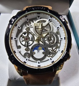 BIBI Luxury Mens Skeleton Style Quartz Watch  Brown Strap  Model K7123  New in Box