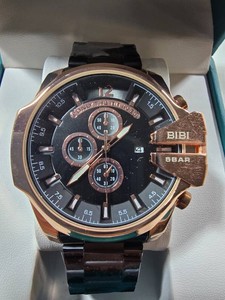 BIBI Luxury Mens Quartz Watch  Black Dial  Rose Gold & Black Stainless Steel  Model K7073  New in Box
