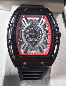 BIBI Luxury Mens Skeleton Style Quartz Watch  Black Case with Red Accents  Silicone Strap  New in Presentation Box