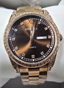 AIMANA Mens Quartz Watch  Copper Sunburst Dial  Rose Gold-Tone Stainless Steel  New in Box