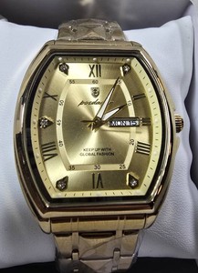 Poedagar Mens Luxury Tonneau Watch  Gold Dial  Gold Stainless Steel Bracelet  DayDate Display  41mm  New in Box
