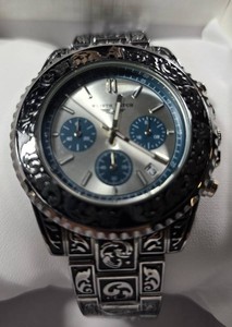 WLISTH Mens Chronograph Watch  Silver Dial  Engraved Black Stainless Steel Bracelet  43mm  New in Box