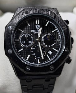 BINBOND Mens Chronograph Watch  Black Textured Dial  Black Stainless Steel Bracelet  Moonphase Display  45mm  New in Box