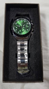 AJ Mens Stainless Steel Watch  Emerald Green Sunburst Dial  Multi-Function Style  Date Display  New in Box