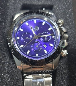 AJ Mens Stainless Steel Watch  Purple Sunburst Multi-Function Dial  Date Display  New in Box