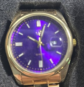 AJ Mens Gold-Tone Quartz Watch  Purple Sunburst Dial  Date Display  New in Box