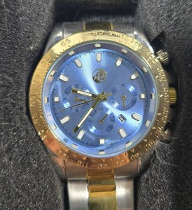 AJ Mens Two-Tone Stainless Steel Chronograph-Style Watch  Blue Sunburst Dial  Gold-Tone Bezel  New in Box