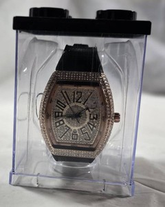 AJ Mens Mechanical Stainless Steel Watch  Rose Gold Tone Crystal Bezel  Fully Crystal Bling Dial  Black Strap  New in Box