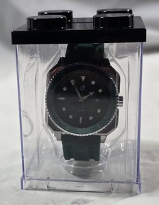 AJ Mens Stainless Steel Watch  Green Sunburst Dial  Green Bezel  Green Silicone Strap  Date Display  New in Box