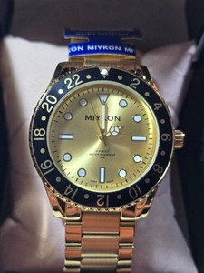 MIYKON Mens Gold-Tone Stainless Steel Watch  Gold Sunburst Dial  Black 24-Hour Bezel  Japanese Movement  New in Box