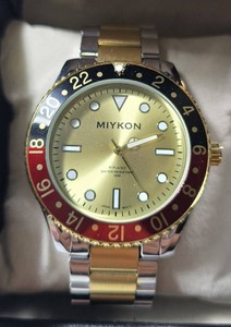 MIYKON Mens Two-Tone Stainless Steel Watch  Gold Sunburst Dial  Black & Red 24-Hour Bezel  Japanese Quartz Movement  New in Box