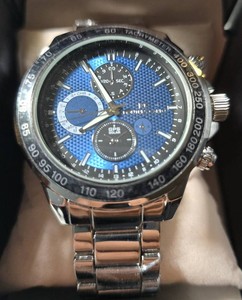 Montres Carlo Mens Silver-Tone Watch  Blue Multi-Function Style Dial  New in Gift Box