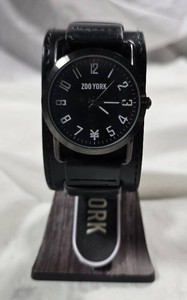 Zoo York Mens 42mm Black Watch  Black Dial  Wide Black Leather Cuff Strap  Original Package