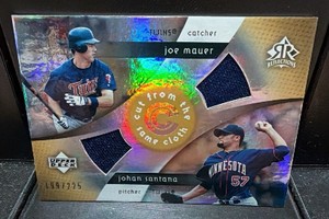 2005 upper deck reflections cut from the same cloth dual jersey Joe Mauer & Johan Santana serial #199225