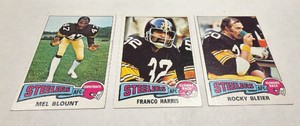 1975 Topps football Franco Harris, Rocky Bleier & Mel Blount Pittsburgh Steelers lot Hall of Famers