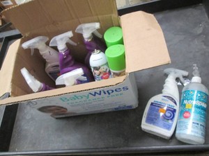 Assorted household cleaners, new but damaged or dirty bottles