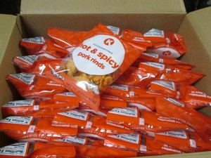 24 Bags of Hot n Spicy pork rinds dated Jan 26