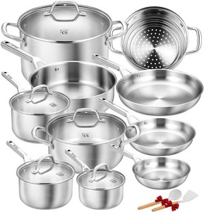 $170 KOCH SYSTEME CS Stainless Steel Cookware Set 17 Piece with 5 Layer Base, Professional 1810 Stainless Steel Pots and Pans Set, Oven Safe, Induction Ready, Non-Toxic Kitchen Cookware Set