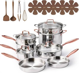 $190 CAROTE 21pcs Tri-Ply Stainless Steel Cookware Set, Pots and Pans Set, Non Toxic Induction Kitchen Cooking Sets, Gold