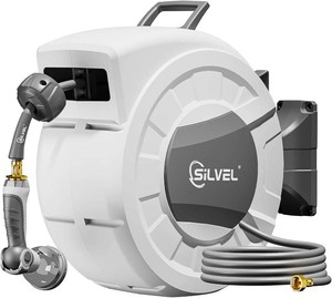 $130 SILVEL Retractable Garden Hose Reel, 12 in x 110ft Wall Mount Heavy Duty Automatic Hose Reel with 10 Pattern Nozzle, Any Length Lock & Slow Return System, 180 Swivel Bracket Upgraded UV Resistant