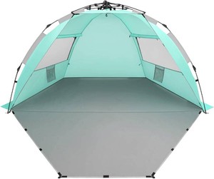 X-Large 4-Person UV Beach Tent with 6 Sand Pockets, Light Green  Quick setup shade includes a carrying bag, stakes and weighted corners for windy days, fishing trips, hiking and camping.