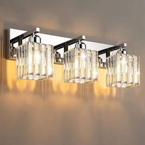 Brushed Chrome Crystal Bathroom Vanity Light, 3-Light Modern Bathroom Lighting Fixtures Over Mirror,Chrome Wall Sconce Light Fixtures with Square Shade