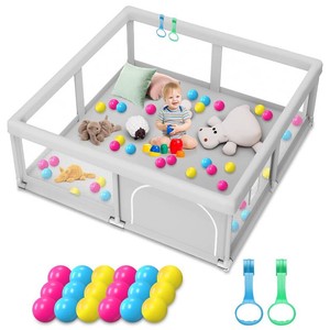 Baby Playpen with Balls and Pull Rings for Babies and Toddlers 50 x 50 inch, Play Yards Indoor, Sturdy Safety Play Pen with Soft Breathable Mesh, Baby Fence